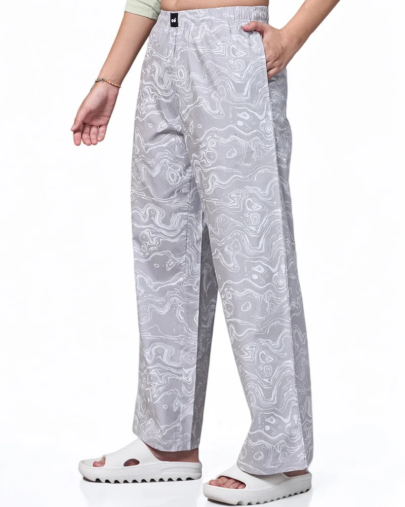 bewakoof Women's Grey All Over Printed Wide Leg Pyjamas